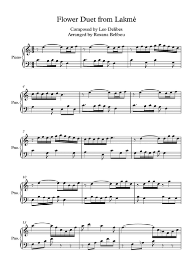Flower Duet from Lakmé Easy Piano (arr. Roxana Belibou)