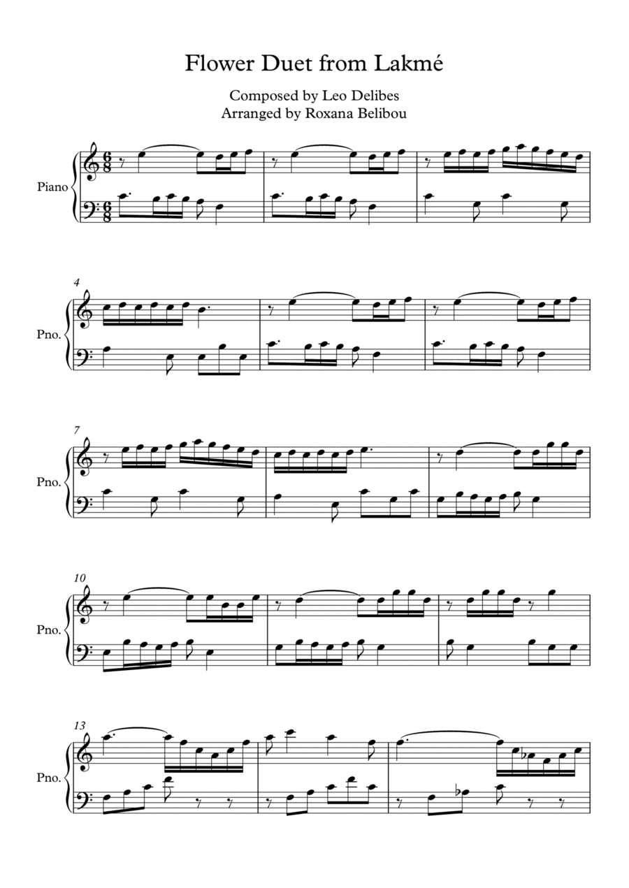 Flower Duet from Lakmé Easy Piano (arr. Roxana Belibou)