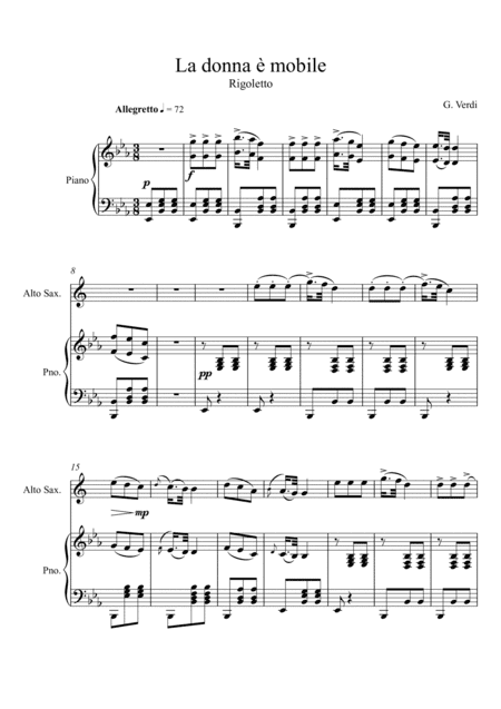 Giuseppe Verdi - La donna e mobile (Rigoletto) Alto Saxophone Solo - Eb Key (arr. André Laitano)