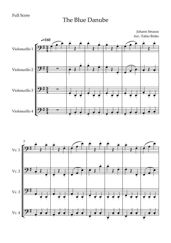 The Blue Danube (Waltz by Johann Strauss) for Cello Quartet (arr. Fabio Britto)