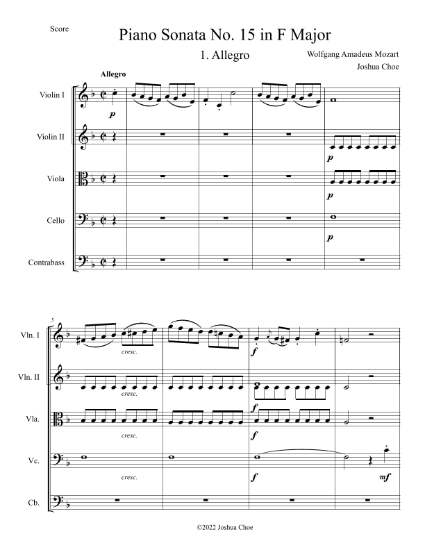 Piano Sonata No. 15 in F Major (arr. Joshua Choe)