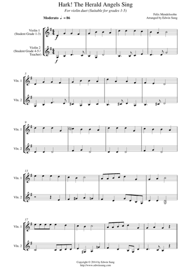 Hark! The Herald Angels Sing (for violin duet, suitable for grades 1-5) (arr. Edwin Sung)