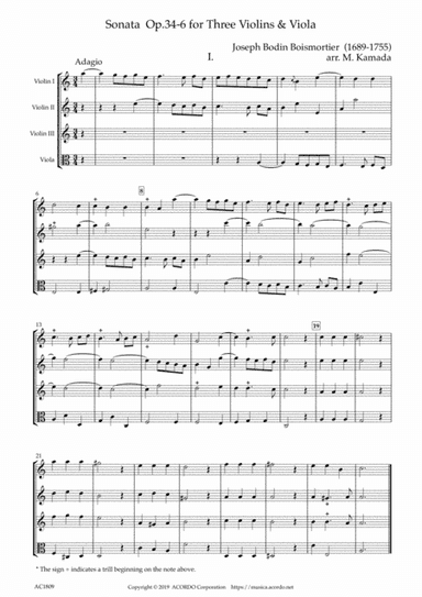 Sonata Op.34-6 for Three Violins & Viola (arr. Mikio Kamada)