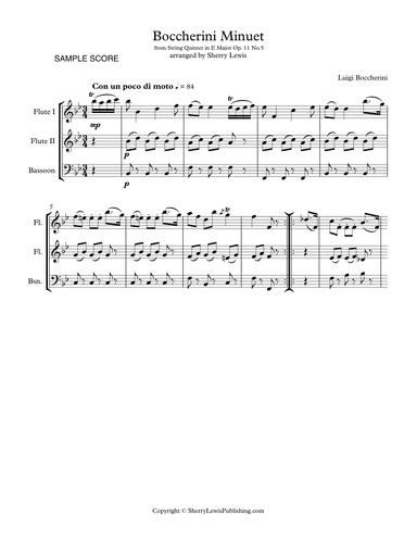 BOCCHERINI MINUET - (Minuet Op. 11 No. 5) Woodwind Trio, Intermediate Level for 2 flutes, bassoon (arr. Sherry Lewis)