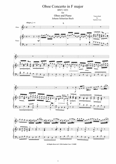 Bach - Oboe Concerto in F major BWV1053 for Oboe and Piano - Score and Oboe part (arr. Santino Cara)