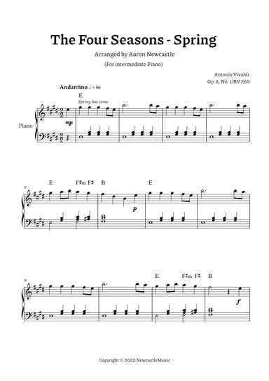 Vivaldi, Spring (The Four Seasons) — Intermediate Piano | Chord Symbol — Sheet Music (arr. Aaron Newcastle)