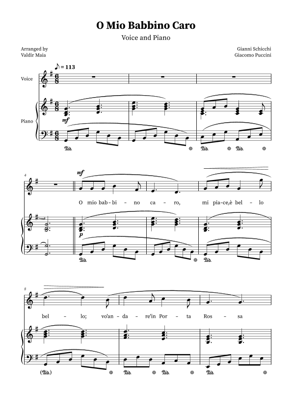 O Mio Babbino Caro - Female Voice in G Major (arr. Valdir Maia)