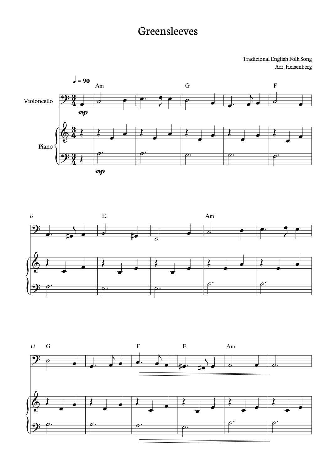 Greensleeves for Cello with piano accompaniment (arr. Heisenberg)