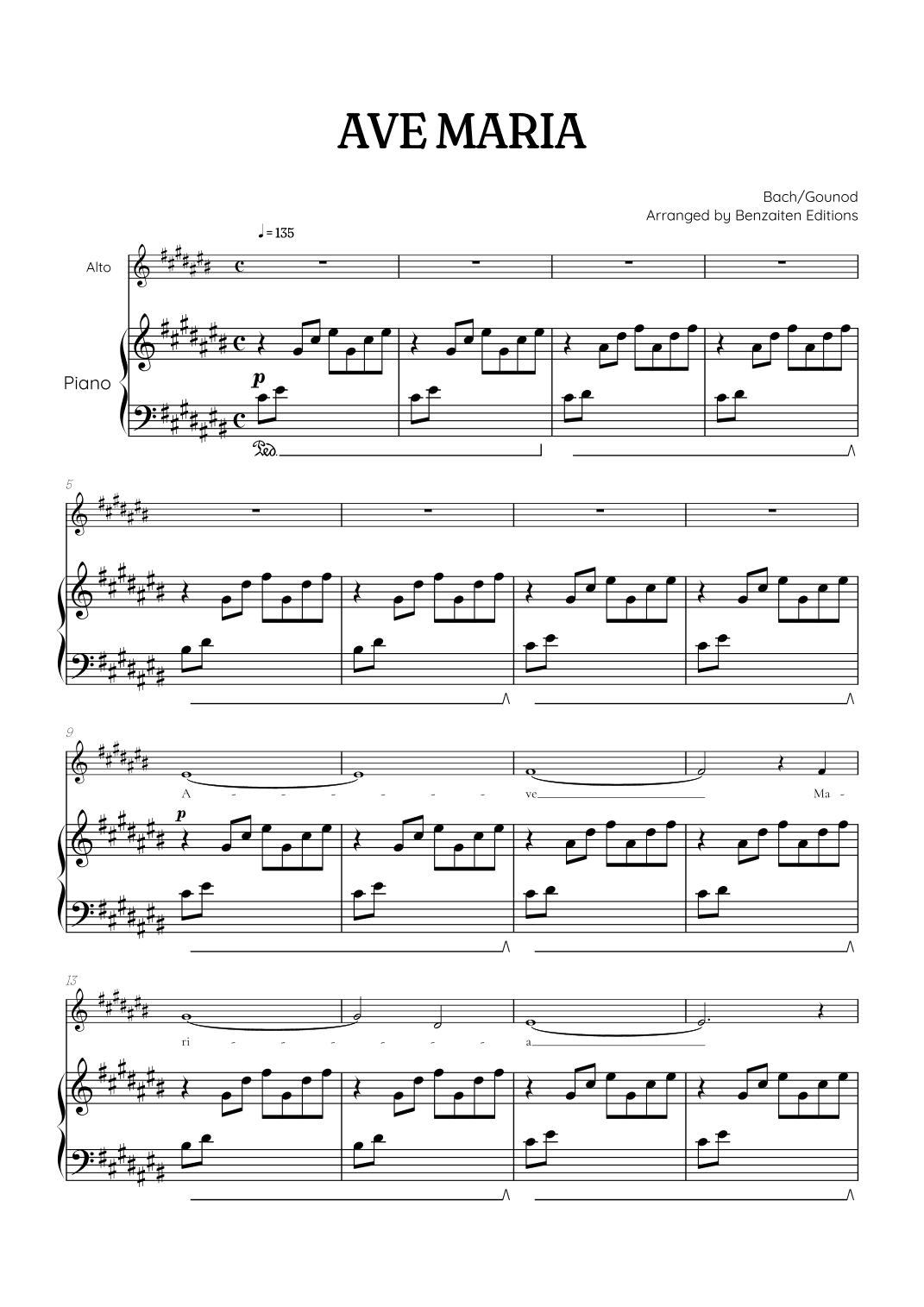 Bach / Gounod Ave Maria in C sharp major [C#] • contralto sheet music with piano accompaniment (arr. Benzaiten Editions)