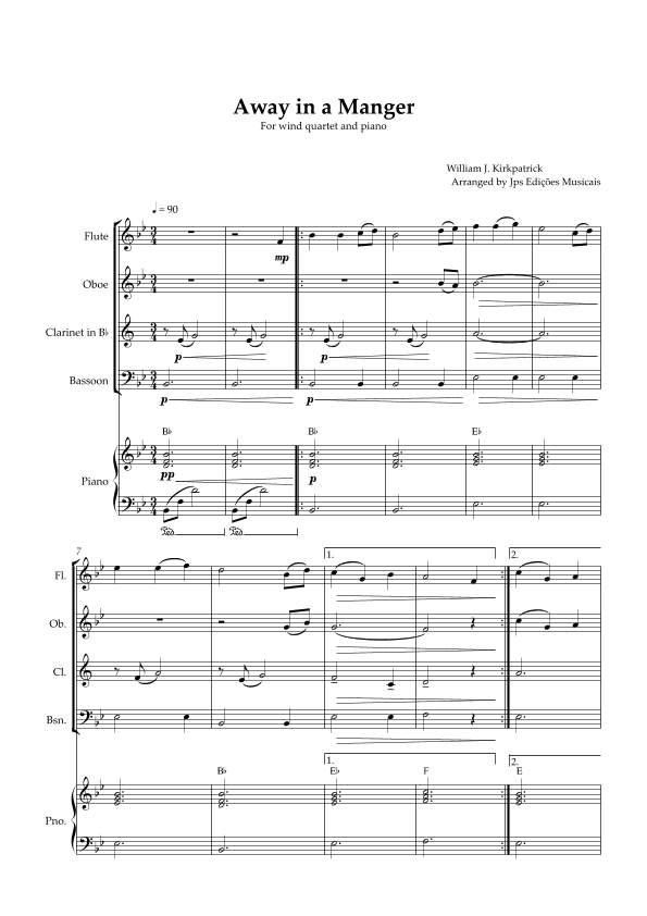 Away in a Manger for Wind Quartet and Piano (arr. JPS Edições Musicais)