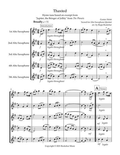 Thaxted (hymn tune based on excerpt from "Jupiter" from The Planets) (Bb) (Alto Saxophone Quintet) (arr. Regis Bookshar)