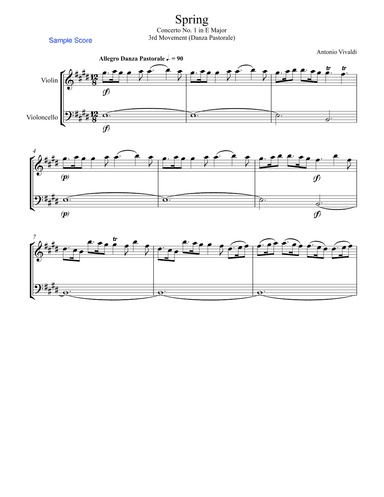 SPRING (La Primavera), 3rd. Mov., Danza Pastorale,  String Duo, Intermediate Level for violin and ce (arr. Sherry Lewis)
