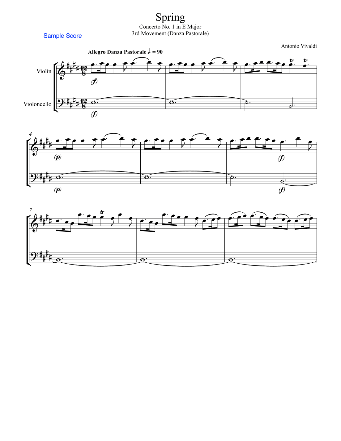 SPRING (La Primavera), 3rd. Mov., Danza Pastorale,  String Duo, Intermediate Level for violin and ce (arr. Sherry Lewis)
