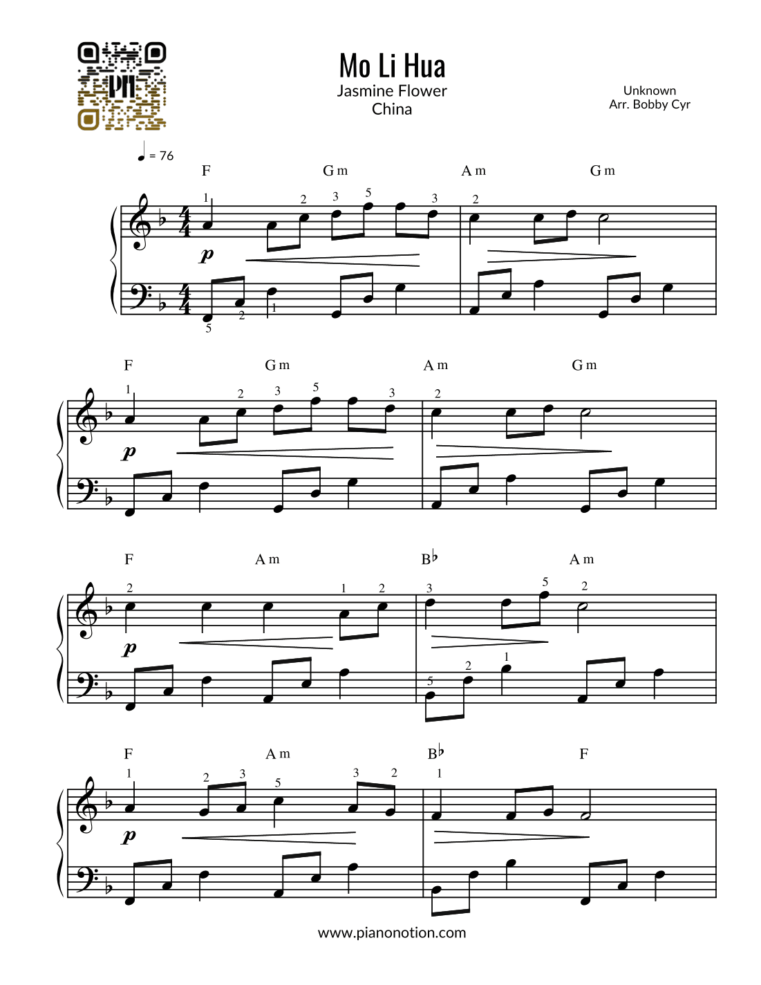 Mo Li Hua - Jasmine Flower - 茉莉花 - (Easy Piano Solo) (arr. Bobby Cyr - Piano Notion)