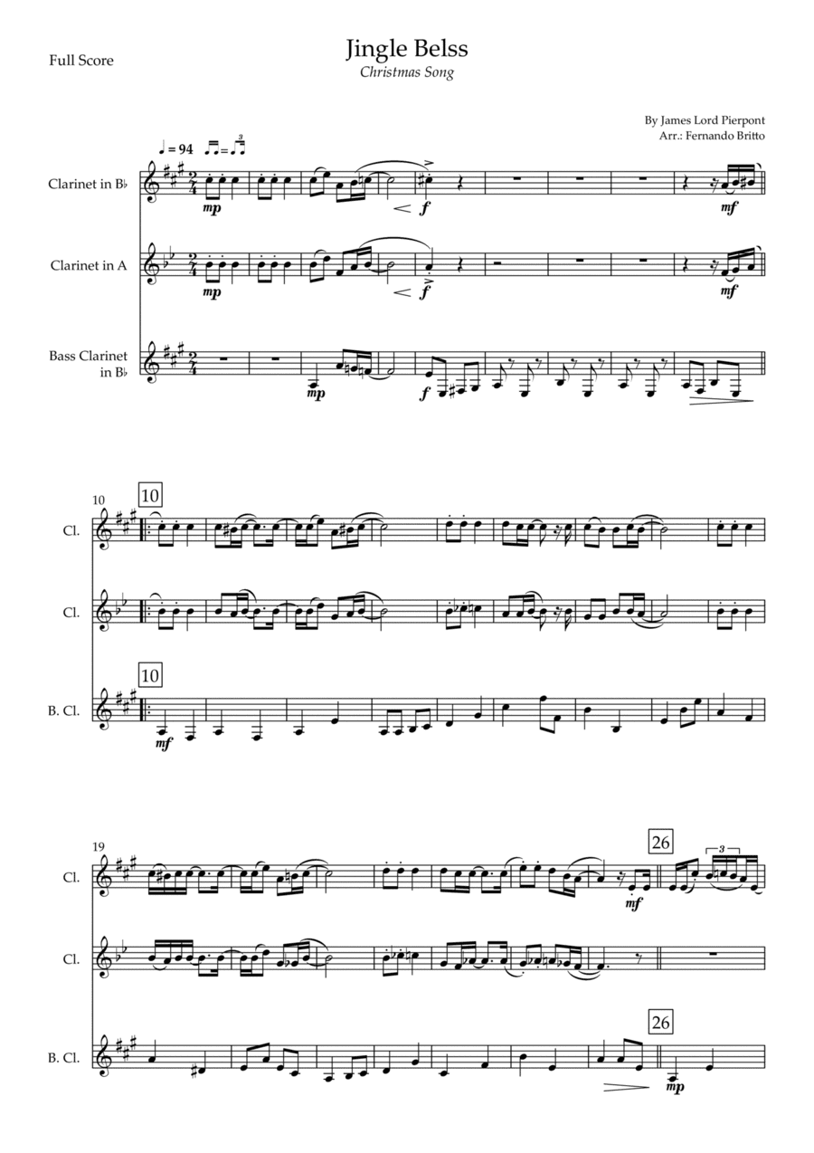 Jingle Bells - Jazz Version (Christmas Song) for Clarinet Trio (arr. Fernando Britto)