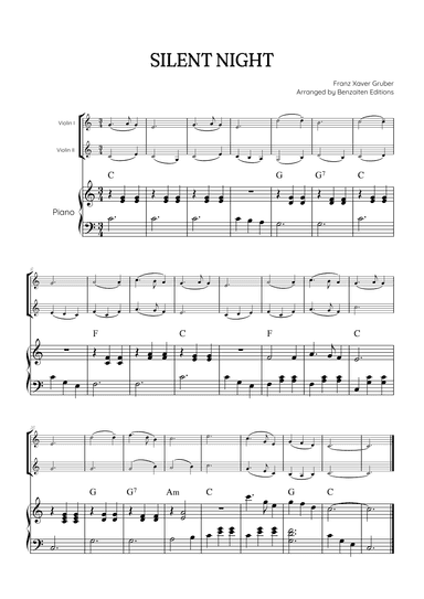 Silent Night for violin duet with piano accompaniment • easy Christmas song sheet music (chords) (arr. Benzaiten Editions)