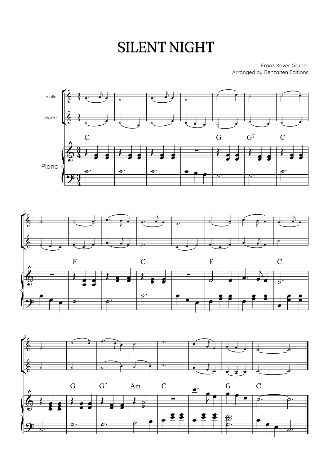 Silent Night for violin duet with piano accompaniment • easy Christmas song sheet music (chords) (arr. Benzaiten Editions)