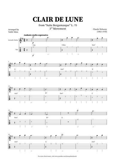 Clair de Lune - Acoustic Guitar with tablature + CHORDS (arr. Valdir Maia)