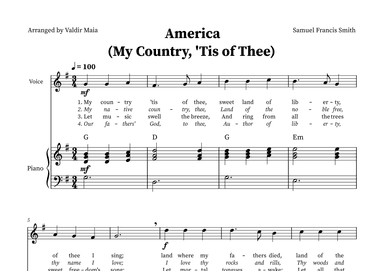 America (My Country, 'Tis of Thee) - Voice and Piano in G (+CHORDS) (arr. Valdir Maia)