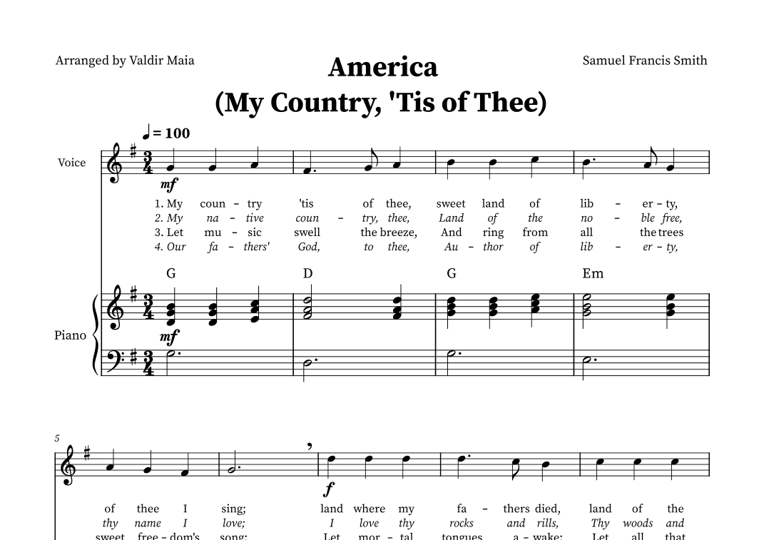 America (My Country, 'Tis of Thee) - Voice and Piano in G (+CHORDS) (arr. Valdir Maia)
