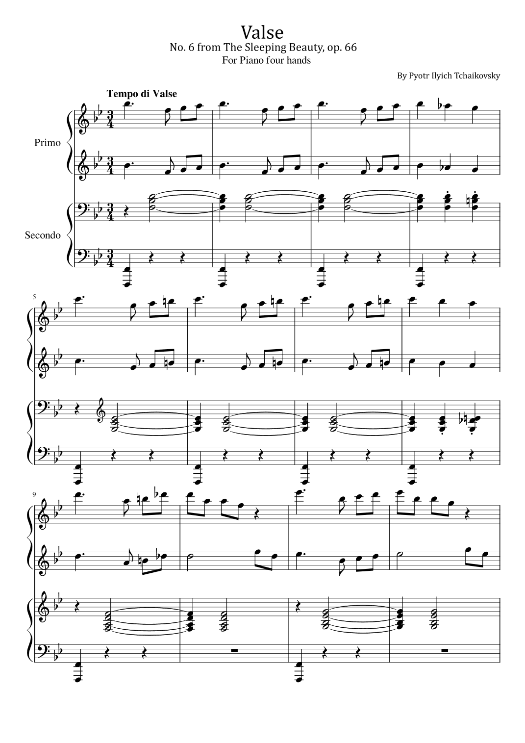 Valse - Waltz No. 6 from The Sleeping Beauty, op. 66 - For Piano four hands (arr. poon)