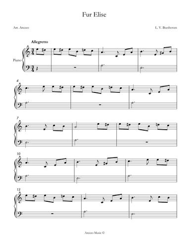 beethoven fur elise - easy piano sheet music (arr. Arezzo Music)