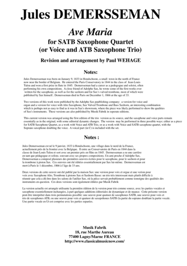 Jules DEMERSSEMAN Ave Maria for SATB Saxophone Quartet (or Voice and ATB Saxophone Trio) (arr. Musik Fabrik Music Publishing)