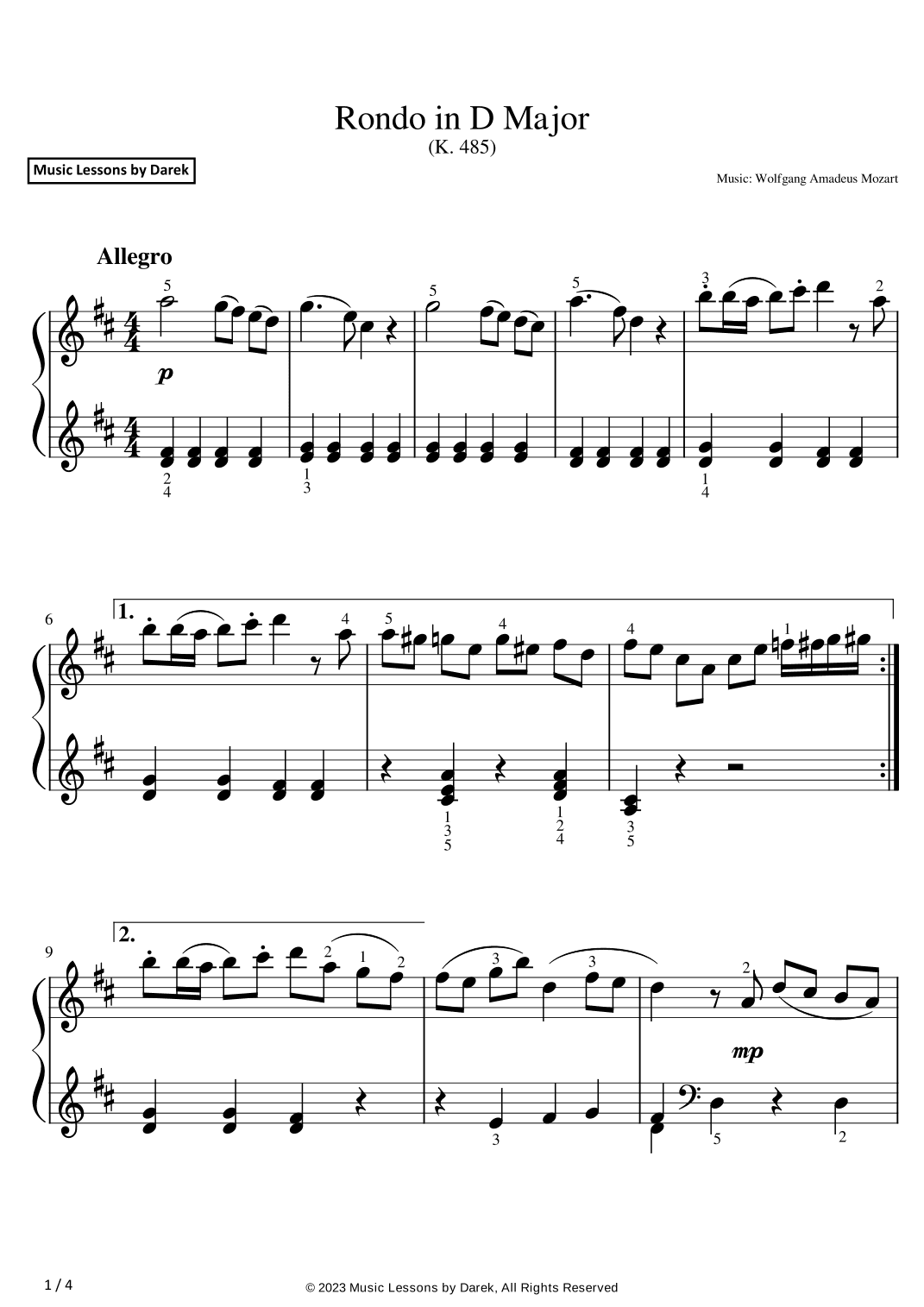 Rondo in D Major (EASY PIANO) (K. 485) [Wolfgang Amadeus Mozart] (arr. Darek)