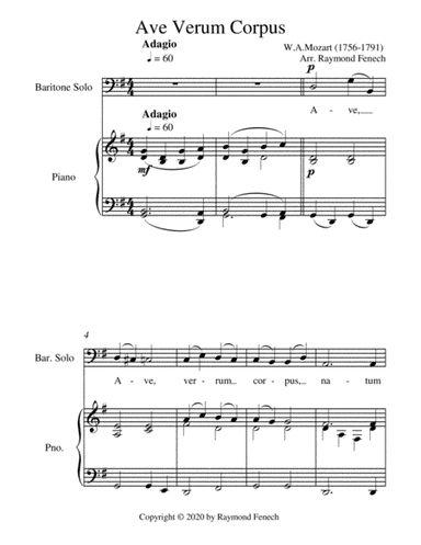 Ave Verum Corpus Baritone Voice and Piano - Intermediate level (arr. Raymond Fenech)