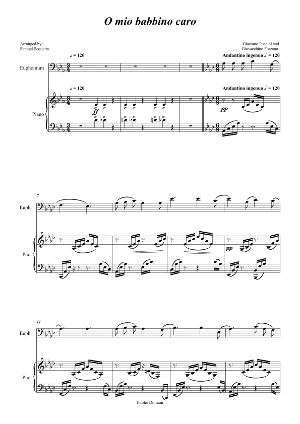 O mio babbino caro - for Euphonium BC and Piano accompaniment - orchestral play along (arr. Samuel Sequeira)