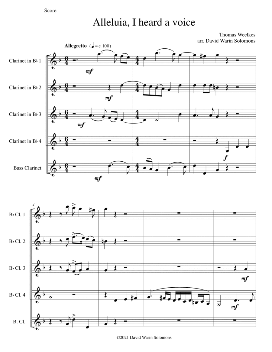 Alleluia, I heard a voice arranged for clarinet quintet (arr. Davd Warin Solomons)