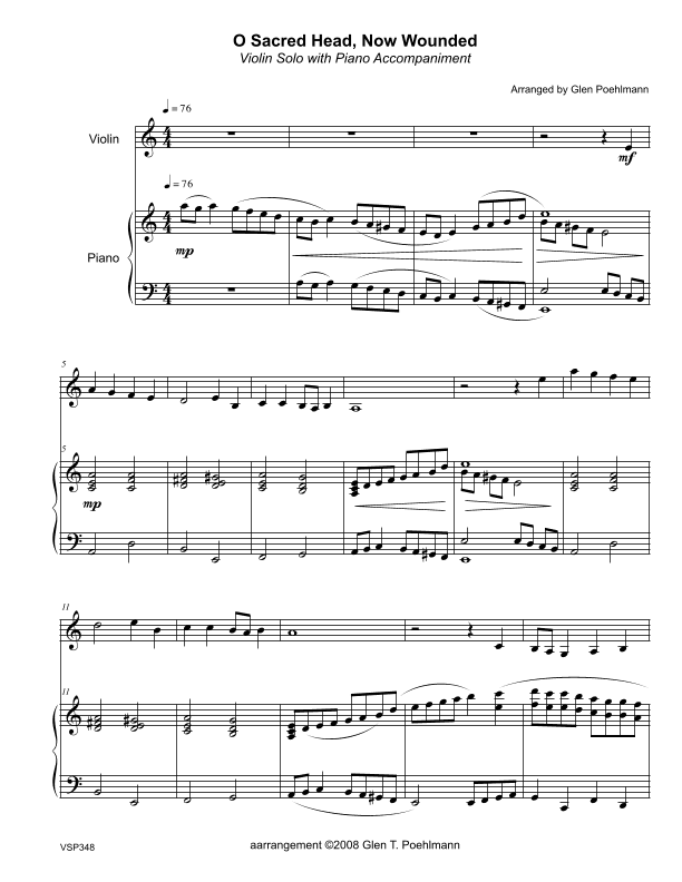 O SACRED HEAD NOW WOUNDED - Violin Solo with Piano Accompaniment (arr. Glen Poehlmann)