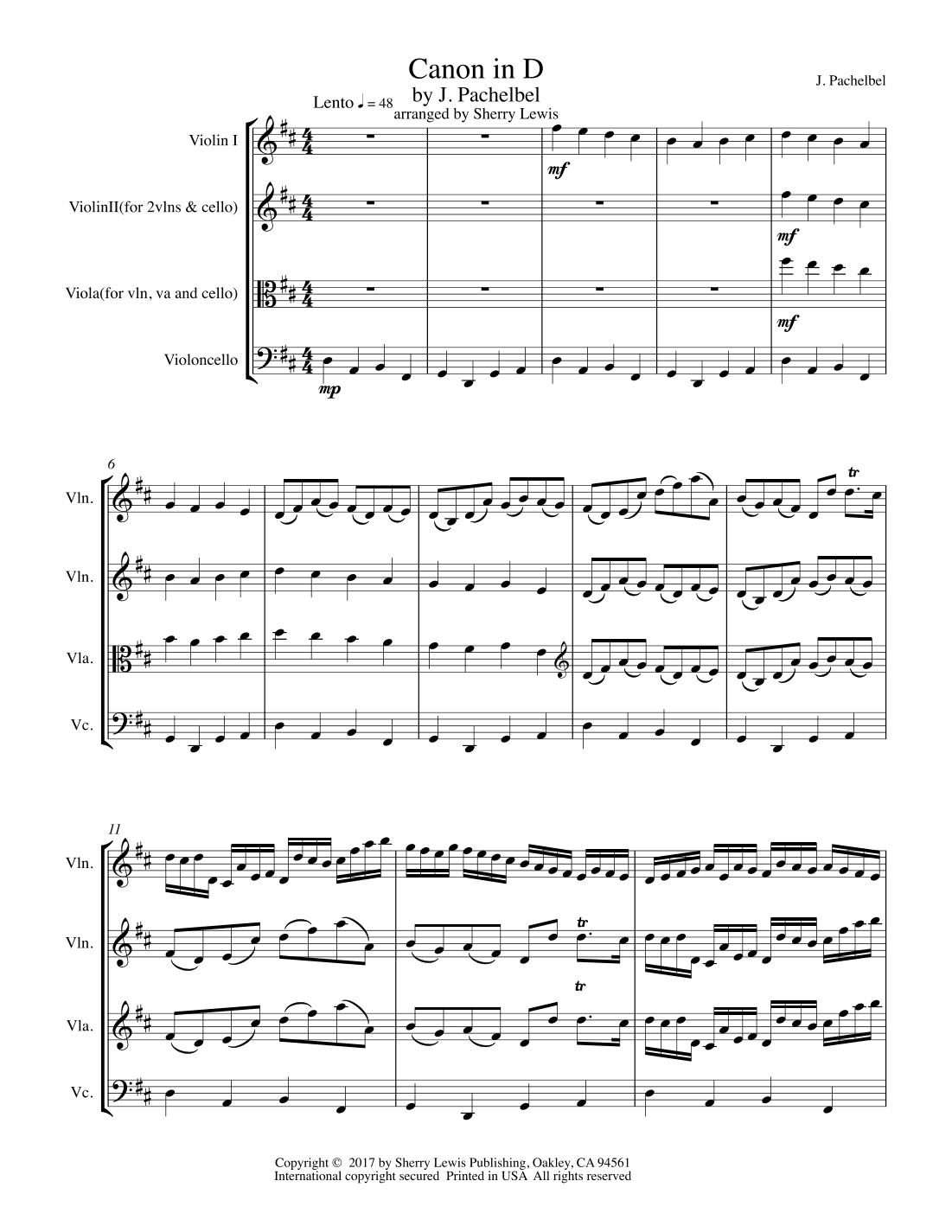 CANON IN D String Trio, Intermediate Level for 2 violins and cello or violin, viola and cello (arr. Sherry Lewis Publishing)