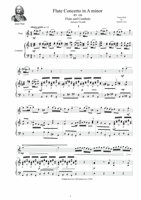 Vivaldi - Flute Concerto in A minor RV 108 for Flute and Cembalo or Piano (arr. Santino Cara)