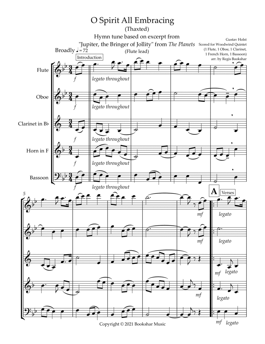 O Spirit All-Embracing (Thaxted) (Bb) (Woodwind Quintet - 1 Flute, 1 Oboe, 1 Clar, 1 Hrn, 1 Bassoon) (arr. Regis Bookshar)