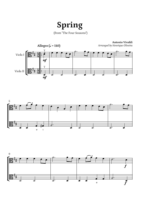 Spring from "The Four Seasons" (Viola Duet) - Beginner Level (arr. Henrique Oliveira)