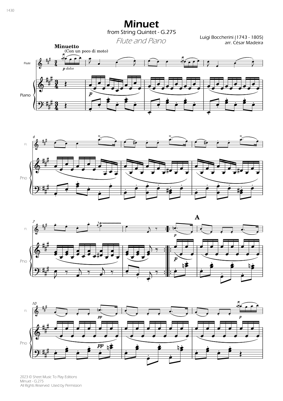 Minuet Op.11 No.5 - Flute and Piano (Full Score) (arr. César Madeira)