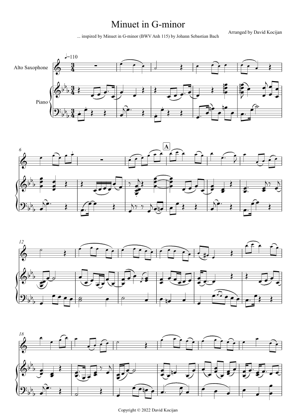 Minuet in G-minor - EASY (alto sax & piano) (arr. David Kocijan)