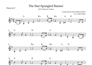 The Star Spangled Banner (USA National Anthem) for Horn in F Solo with Chords (C Major) (arr. Fabio Britto)