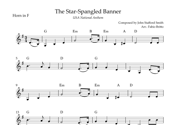 The Star Spangled Banner (USA National Anthem) for Horn in F Solo with Chords (C Major) (arr. Fabio Britto)