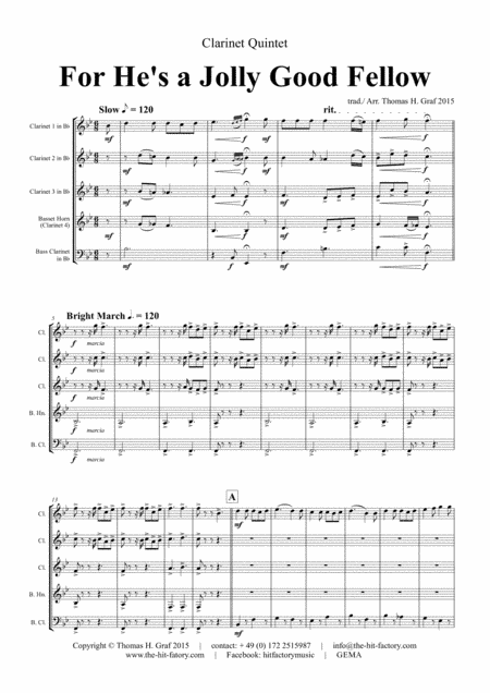 For he is a Jolly Good Fellow - Folk Song and Toast - Clarinet Quintet (arr. Thomas H. Graf)
