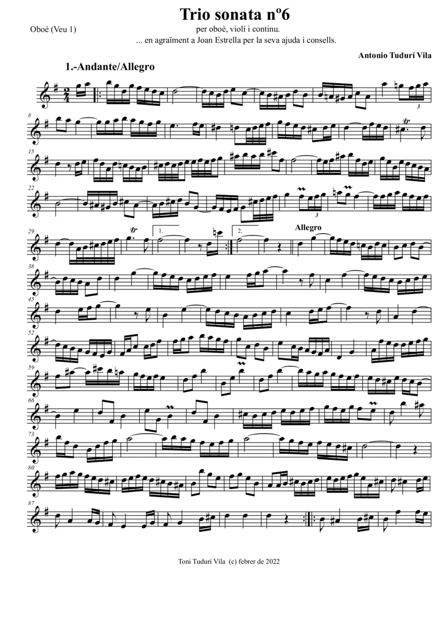 Trio sonata nº6 in G Major for oboe/violin, violin & continuo