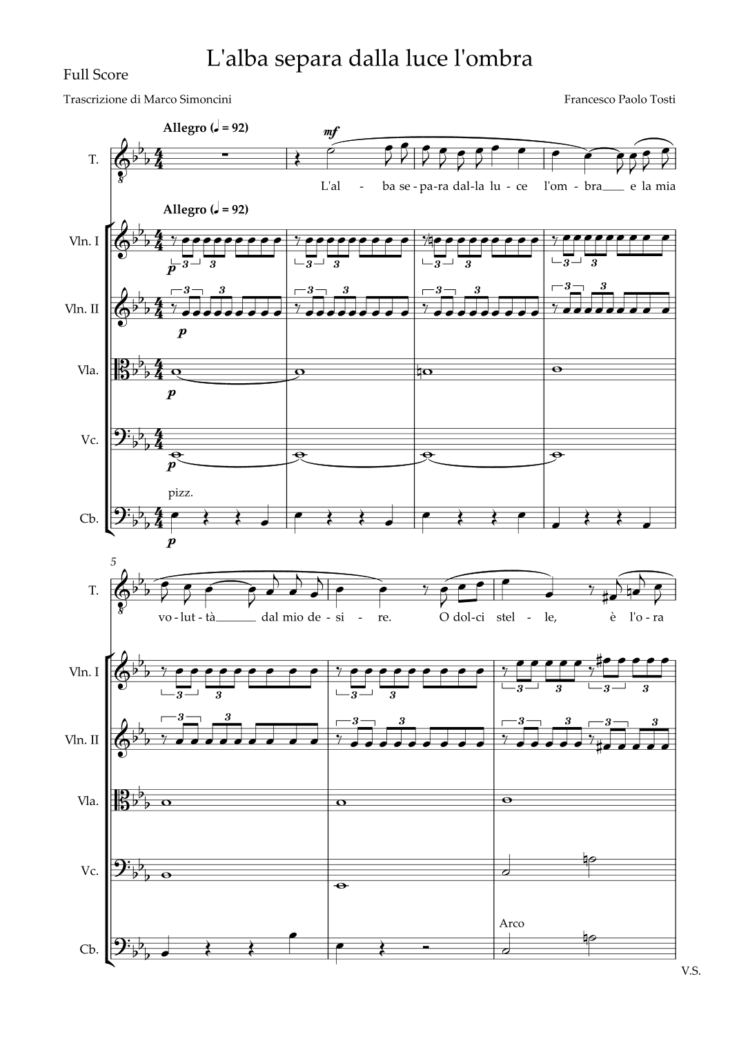 L'Alba separa dalla luce l'ombra - High Voice and Strings Quintet - Full Score and Parts Set (arr. Marco Simoncini)