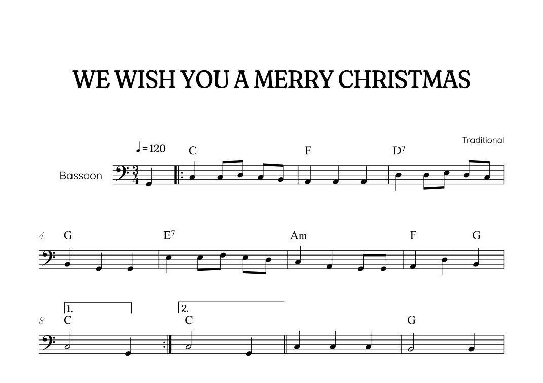 We Wish You a Merry Christmas for bassoon • easy Christmas sheet music with chords (arr. Benzaiten Editions)