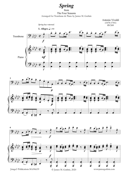 Vivaldi: Spring from the Four Seasons for Trombone & Piano (arr. James M. Guthrie, ASCAP)