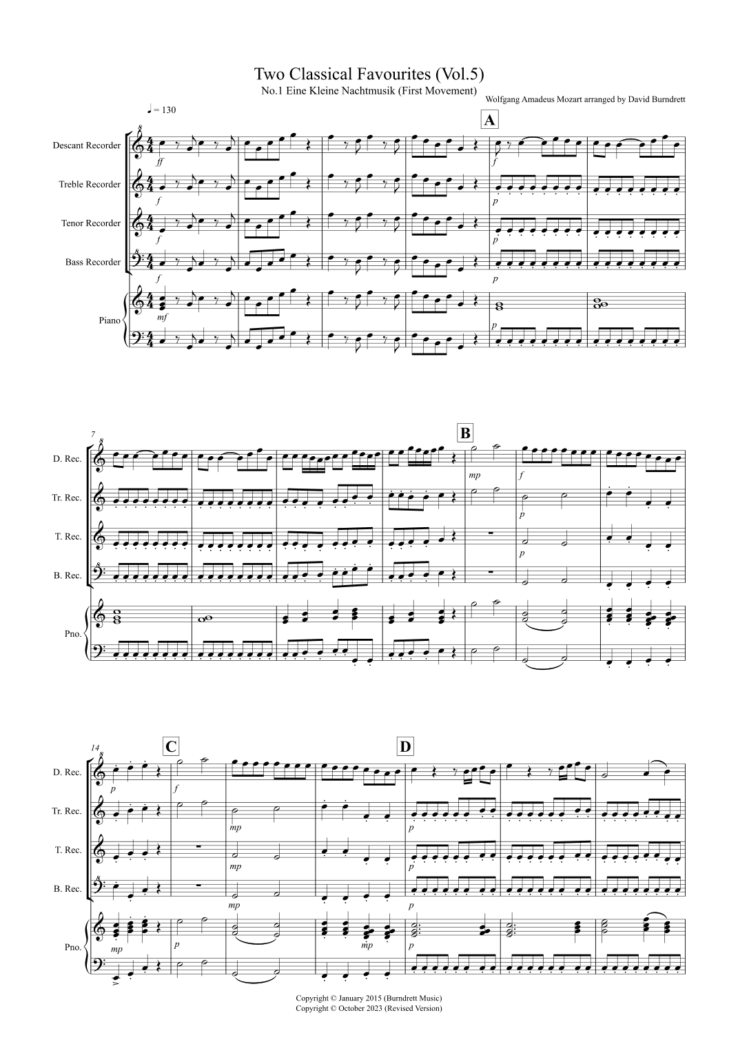 2 Classical Favourites for Recorder Quartet (volume five) (arr. David Burndrett)