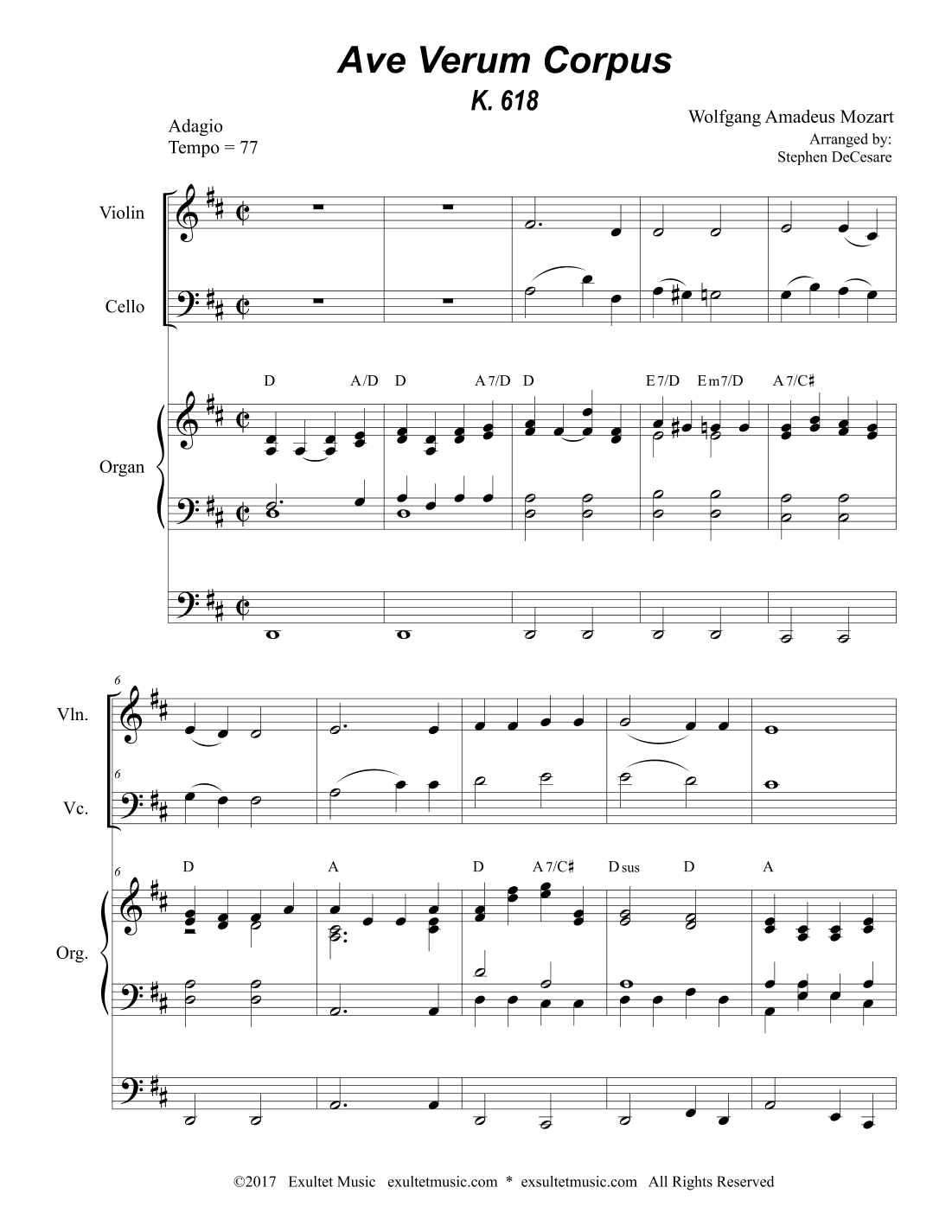 Ave Verum Corpus (Duet for Violin and Cello - Organ Accompaniment) (arr. Stephen DeCesare)