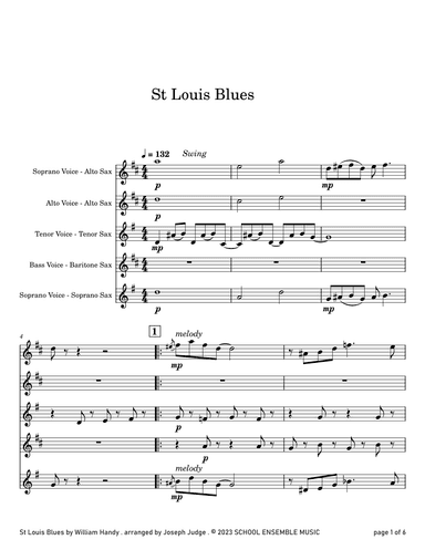 St Louis Blues by Handy for Saxophone Quartet in Schools (arr. Joseph Judge)