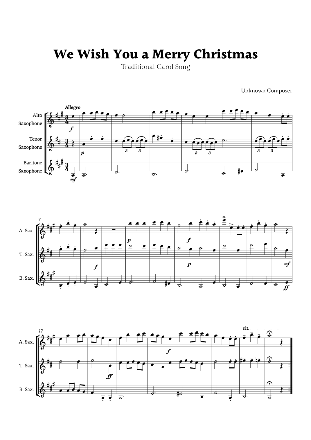We Wish you a Merry Christmas for Low Saxophone Ensemble Trio (arr. Rika K.)