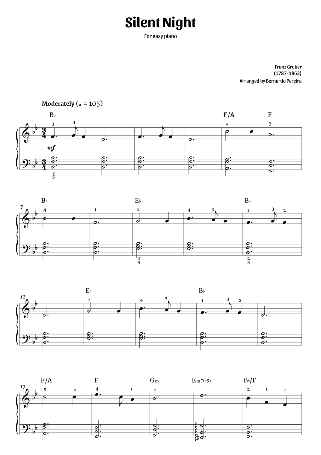 Silent Night (easy piano – with chords) (arr. Bernardo Pereira)